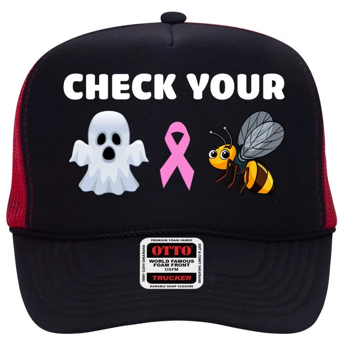 Check Your Boo Bees Funny Breast Cancer Awareness Halloween Gift High Crown Mesh Trucker Hat