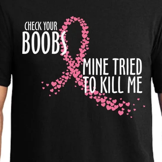 Check Your Boobs Mine Tried To Kill Me Pink Ribbon Heart Breast Cancer Pajama Set