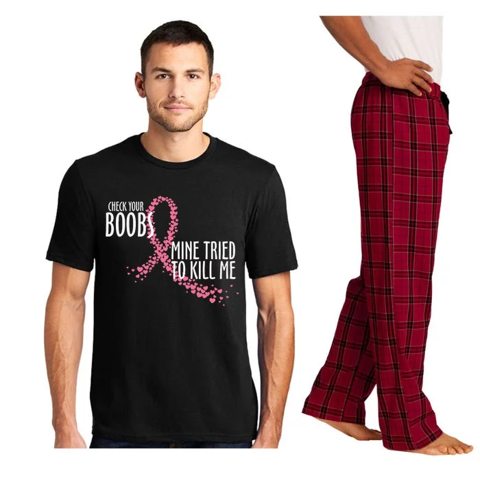 Check Your Boobs Mine Tried To Kill Me Pink Ribbon Heart Breast Cancer Pajama Set