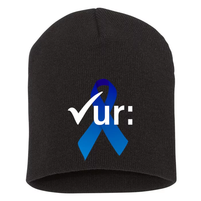 Check Your Colon Colorectal Cancer Awareness Blue Ribbon Short Acrylic Beanie