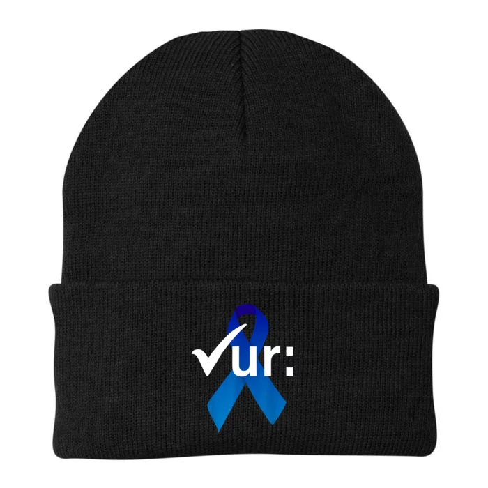 Check Your Colon Colorectal Cancer Awareness Blue Ribbon Knit Cap Winter Beanie