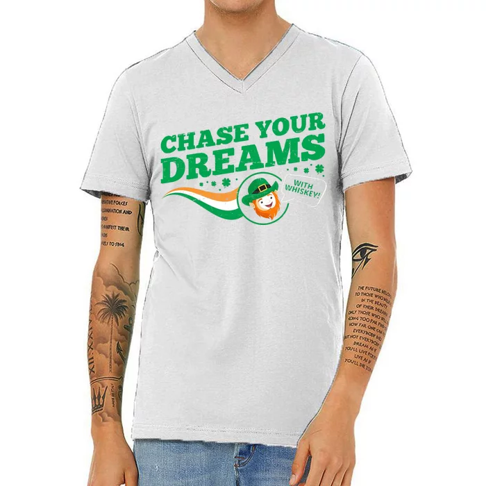 Chase Your Dreams With Whisky Leprechaun V-Neck T-Shirt