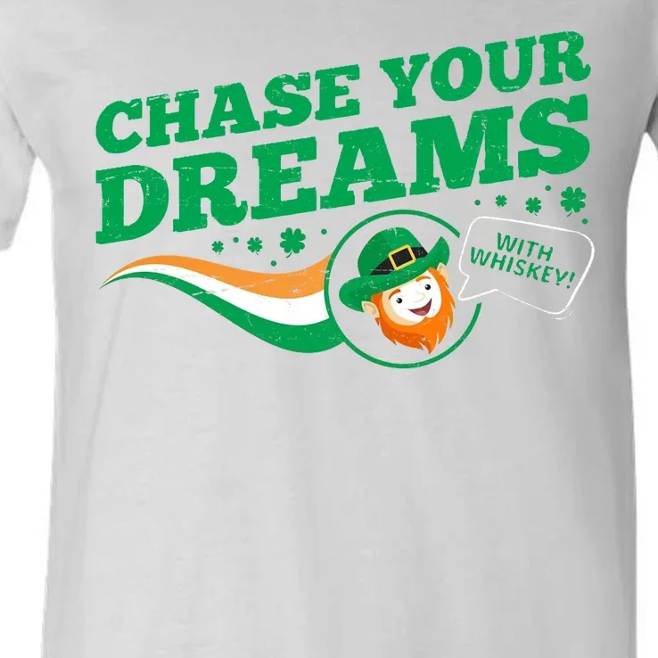 Chase Your Dreams With Whisky Leprechaun V-Neck T-Shirt