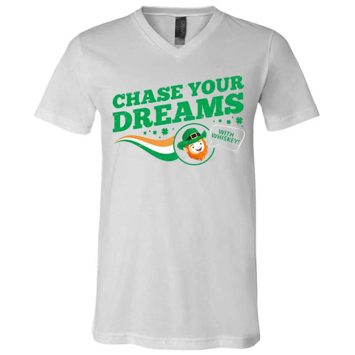 Chase Your Dreams With Whisky Leprechaun V-Neck T-Shirt