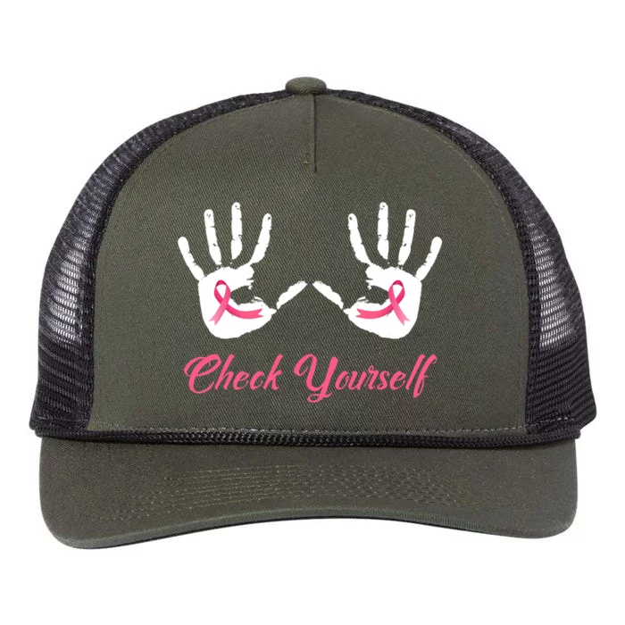 Check Yourself Hands Pink Ribbon Breast Cancer Awareness Retro Rope Trucker Hat Cap