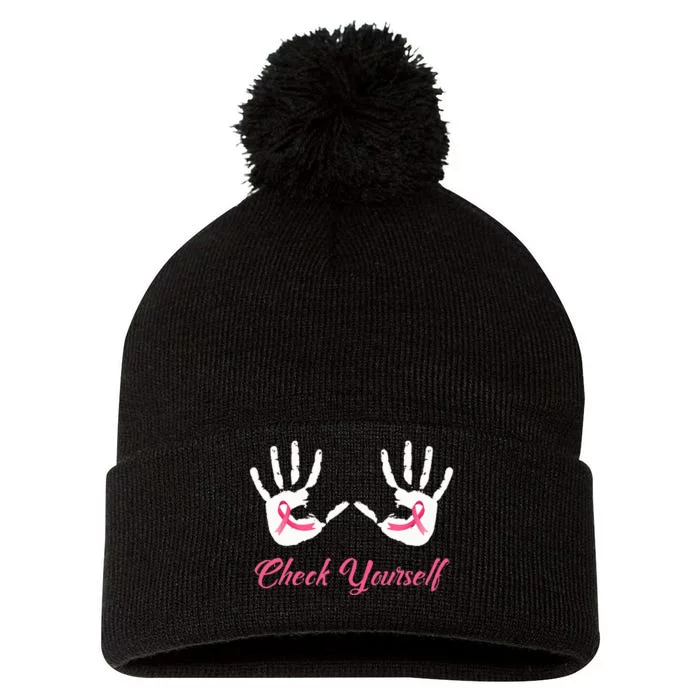 Check Yourself Hands Pink Ribbon Breast Cancer Awareness Pom Pom 12in Knit Beanie