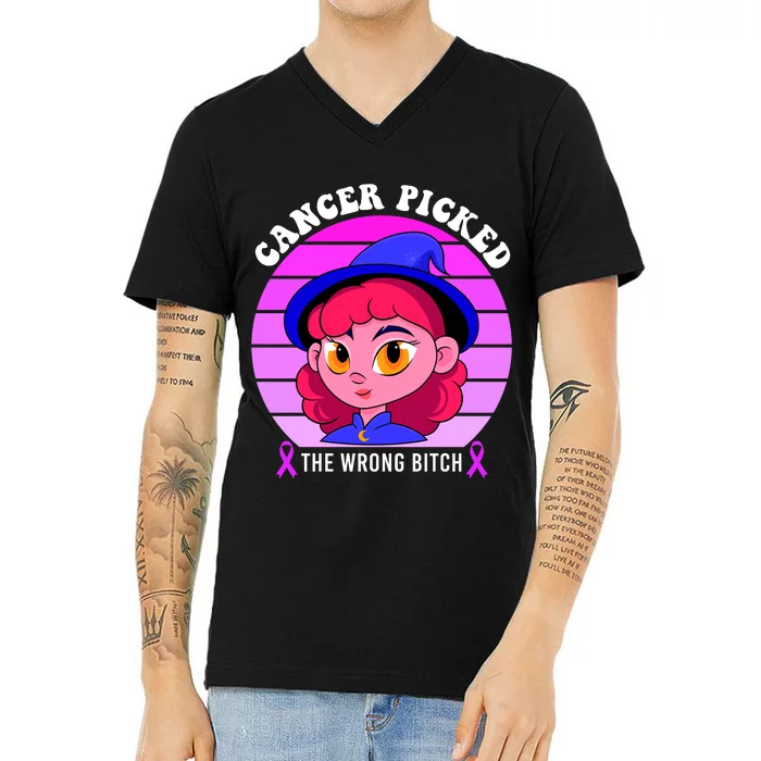 Cancer You Picked The Wrong Bitch Witch Halloween Costume V-Neck T-Shirt