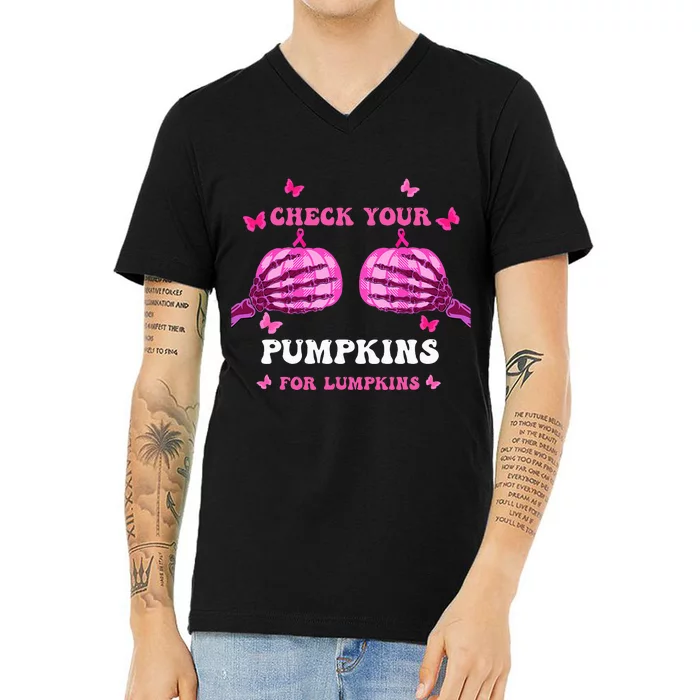 Check Your Pumpkins Breast Cancer Awareness Halloween V-Neck T-Shirt