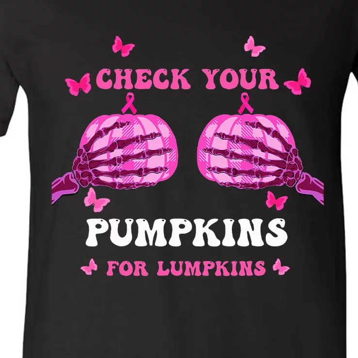 Check Your Pumpkins Breast Cancer Awareness Halloween V-Neck T-Shirt