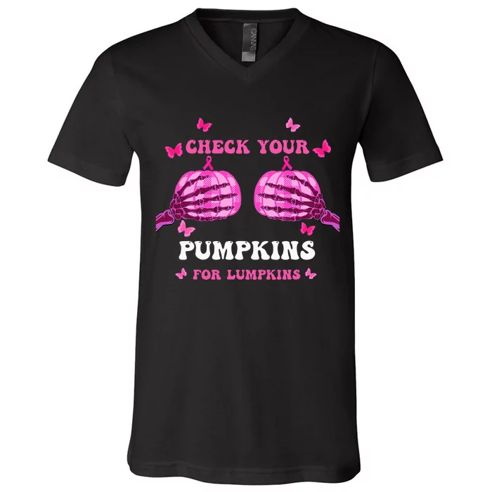 Check Your Pumpkins Breast Cancer Awareness Halloween V-Neck T-Shirt