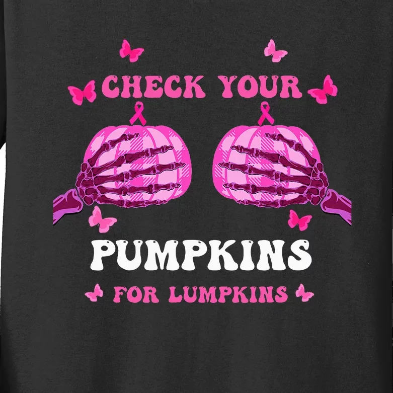 Check Your Pumpkins Breast Cancer Awareness Halloween Kids Long Sleeve Shirt