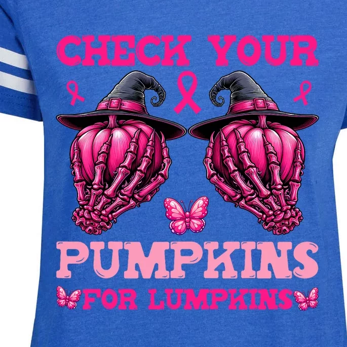 Check Your Pumpkins Breast Cancer For Lumpkins Skeleton Hand Enza Ladies Jersey Football T-Shirt