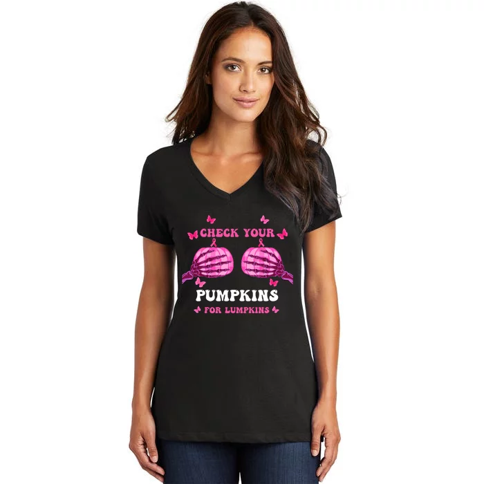 Check Your Pumpkins Breast Cancer Awareness Halloween Women's V-Neck T-Shirt