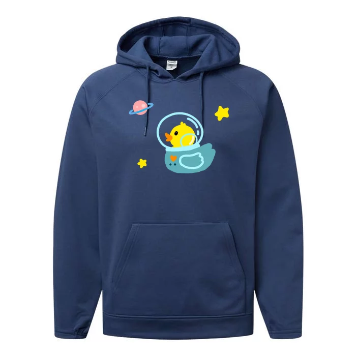 Cute Yellow Rubber Ducky Astronaut In Outer Space Graphic Great Gift Performance Fleece Hoodie