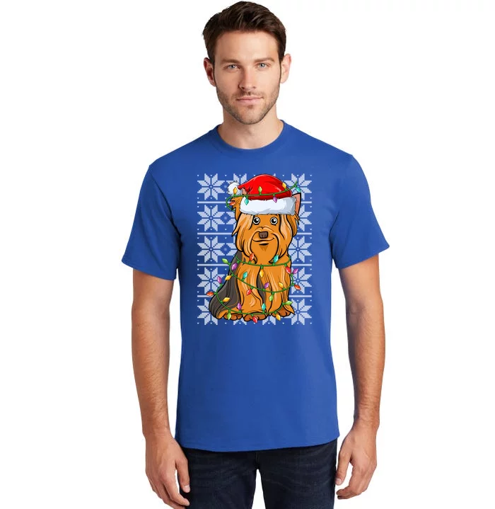 Cute Yorkshire Terrier Christmas Lights Santa Hat Ugly Xmas Cute Gift Tall T-Shirt