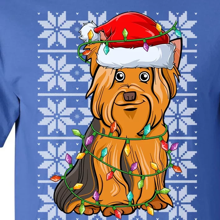 Cute Yorkshire Terrier Christmas Lights Santa Hat Ugly Xmas Cute Gift Tall T-Shirt