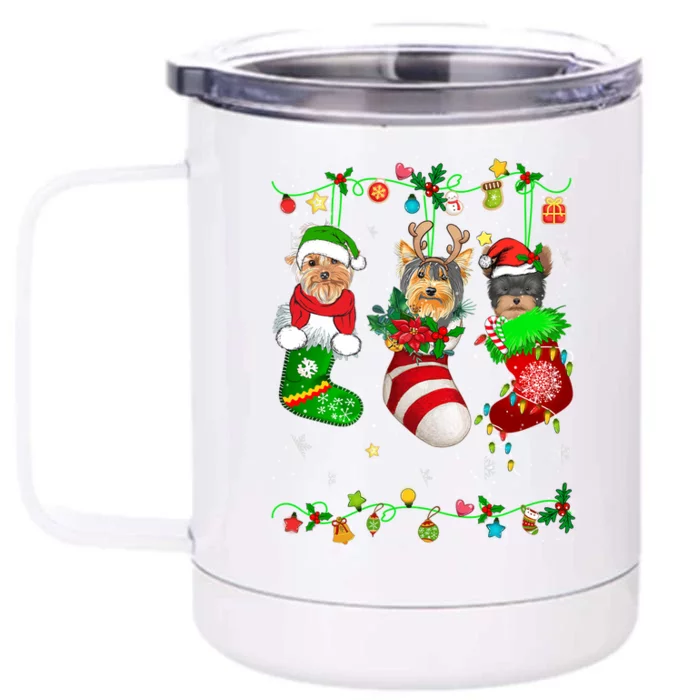 Cute Yorkshire Terrier Dog In Christmas Socks Pet Lover Gift Front & Back 12oz Stainless Steel Tumbler Cup