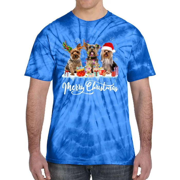 Christmas Yorkshire Terrier Santa Light Reindeer Dog In Snow Gift Tie-Dye T-Shirt