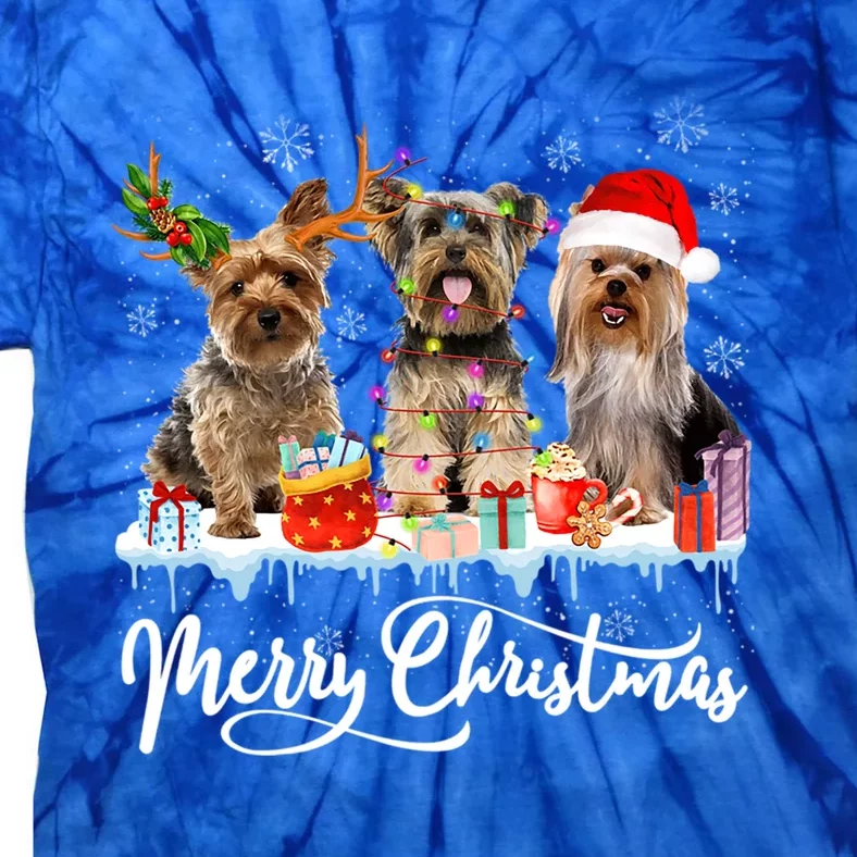 Christmas Yorkshire Terrier Santa Light Reindeer Dog In Snow Gift Tie-Dye T-Shirt