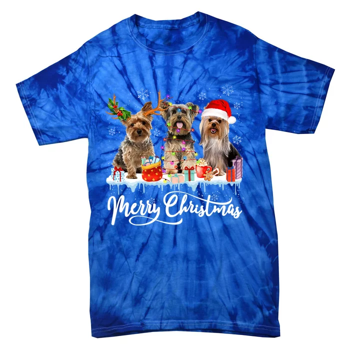 Christmas Yorkshire Terrier Santa Light Reindeer Dog In Snow Gift Tie-Dye T-Shirt