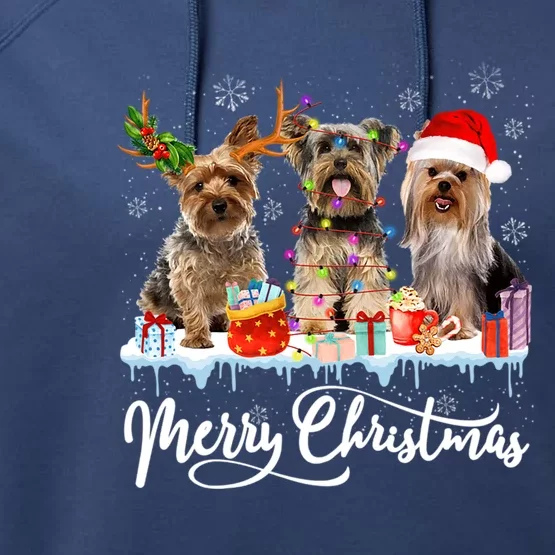 Christmas Yorkshire Terrier Santa Light Reindeer Dog In Snow Gift Performance Fleece Hoodie