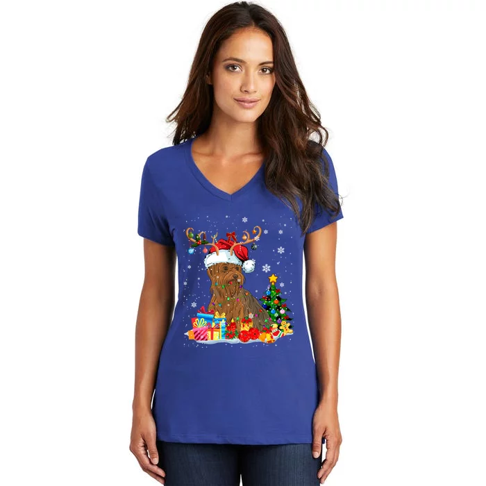 Christmas Yorkshire Terrier Xmas Lights Reindeer Santa Dog Gift Women's V-Neck T-Shirt