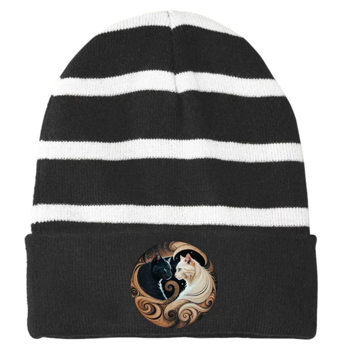 Cats Yin Yang Striped Beanie with Solid Band