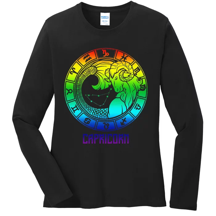 Capricorn Zodiac Sign Rainbow December January Birthday Ladies Long Sleeve Shirt