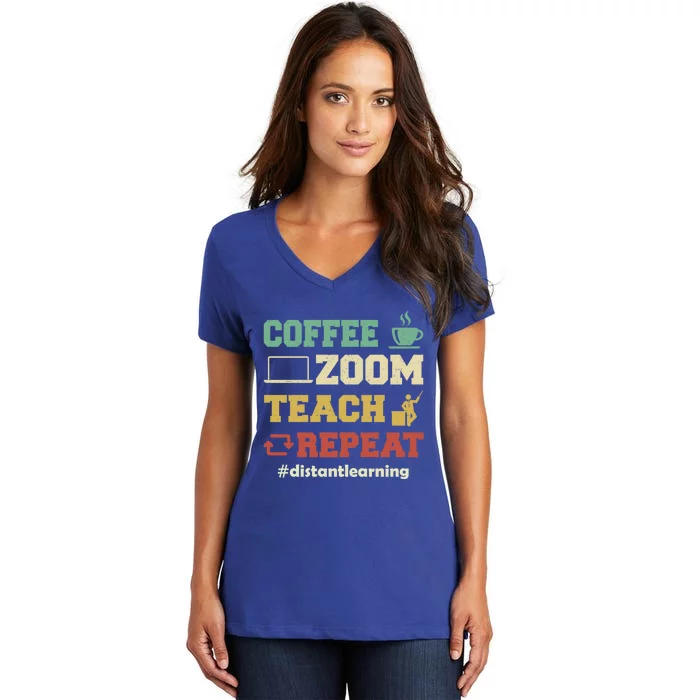 Coffee Zoom Teach Repeat Retro Teacher Distance Learning Gift Women's V-Neck T-Shirt