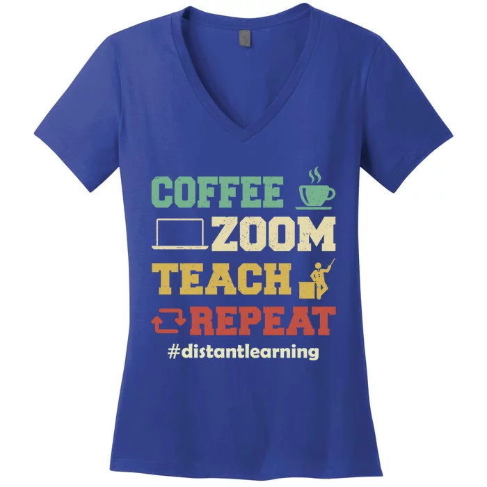 Coffee Zoom Teach Repeat Retro Teacher Distance Learning Gift Women's V-Neck T-Shirt