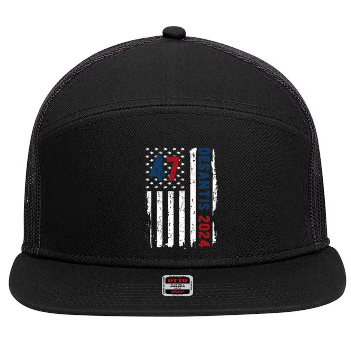 DeSantis 2024 American Flag For President Ron DeSantis 2024 7 Panel Mesh Trucker Snapback Hat