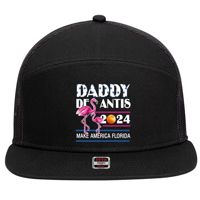 Daddy 2024 Desantis Make America Florida Flamingo And Orange 7 Panel Mesh Trucker Snapback Hat