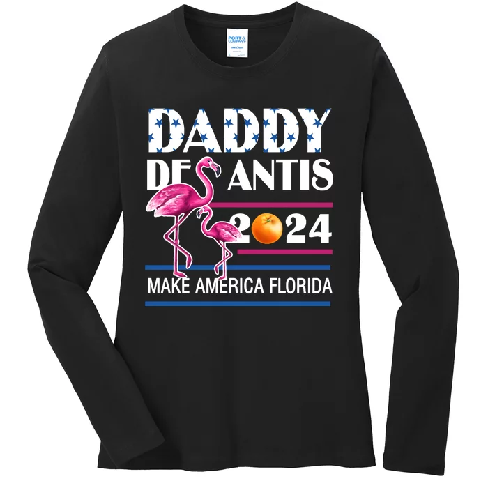 Daddy 2024 Desantis Make America Florida Flamingo And Orange Ladies Long Sleeve Shirt