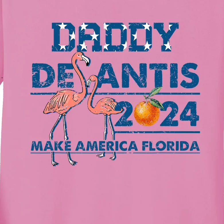 Daddy 2024 Desantis Make America Florida Flamingo And Orange Kids Long Sleeve Shirt