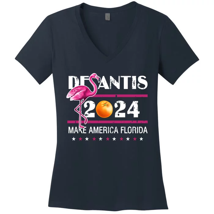 DeSantis 2024 Make America Florida Flamingo Election Women's V-Neck T-Shirt