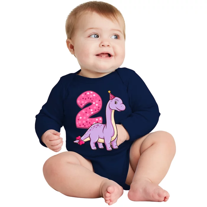 Dinosaur 2 Year Old 2nd Birthday Party Girl Baby Long Sleeve Bodysuit