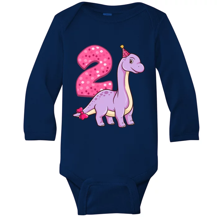 Dinosaur 2 Year Old 2nd Birthday Party Girl Baby Long Sleeve Bodysuit