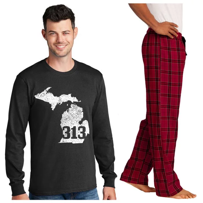 Detroit 313 Area Code Michigan Map State Pride Vintage Long Sleeve Pajama Set