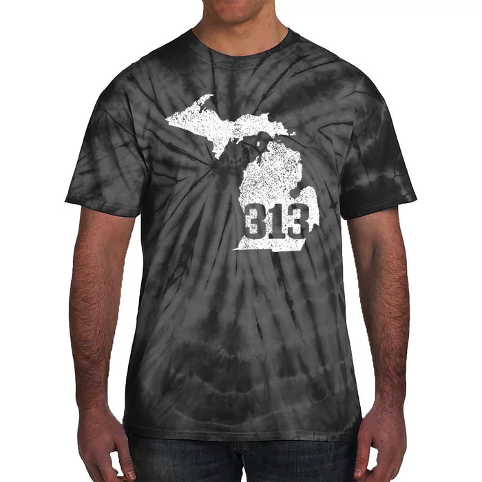 Detroit 313 Area Code Michigan Map State Pride Vintage Tie-Dye T-Shirt