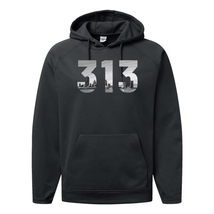 Detroit 313 Area Code Skyline Michigan Vintage Performance Fleece Hoodie