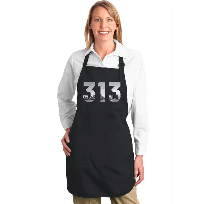 Detroit 313 Area Code Skyline Michigan Vintage Full-Length Apron With Pocket