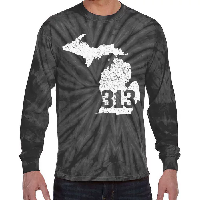 Detroit 313 Area Code Michigan Map State Pride Vintage Tie-Dye Long Sleeve Shirt