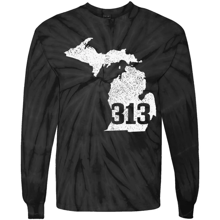 Detroit 313 Area Code Michigan Map State Pride Vintage Tie-Dye Long Sleeve Shirt