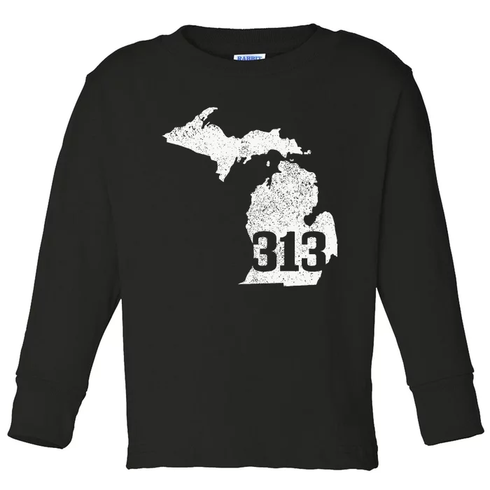 Detroit 313 Area Code Michigan Map State Pride Vintage Toddler Long Sleeve Shirt