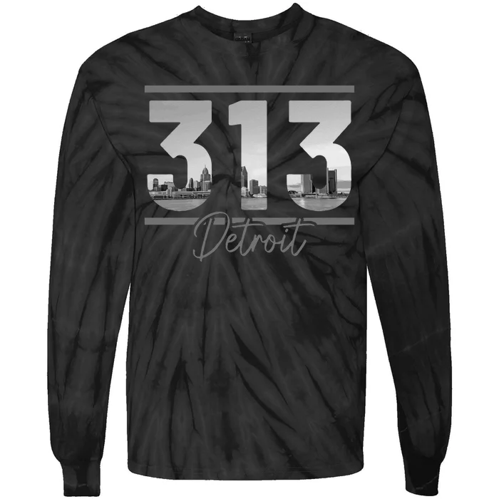 Detroit 313 Area Code Skyline Michigan Vintage Tie-Dye Long Sleeve Shirt