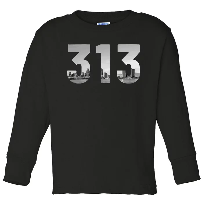 Detroit 313 Area Code Skyline Michigan Vintage Toddler Long Sleeve Shirt