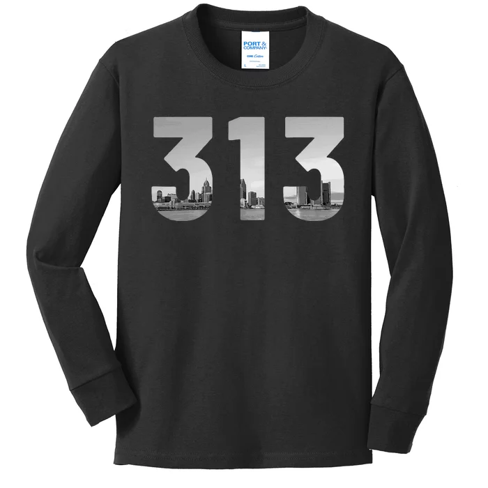 Detroit 313 Area Code Skyline Michigan Vintage Kids Long Sleeve Shirt