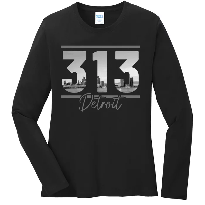 Detroit 313 Area Code Skyline Michigan Vintage Ladies Long Sleeve Shirt