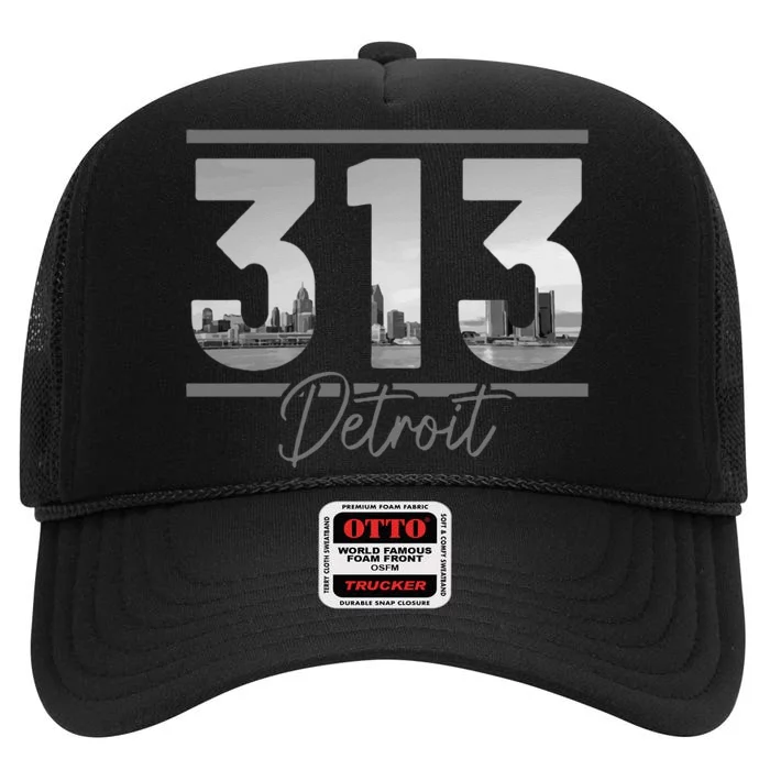 Detroit 313 Area Code Skyline Michigan Vintage High Crown Mesh Trucker Hat