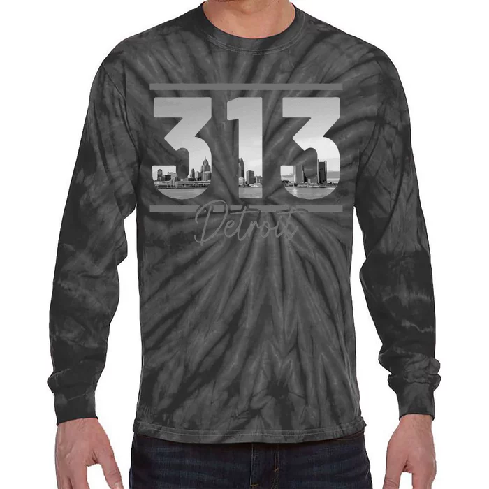 Detroit 313 Area Code Skyline Michigan Vintage Tie-Dye Long Sleeve Shirt